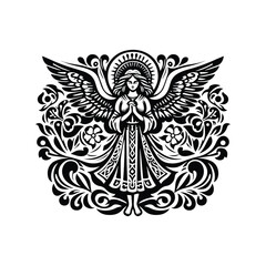 Fototapeta premium angel with folk art decoration in black and white illustrations, cutout graphic