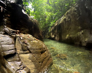 Natural Canyon of Mosquito river, Petit Bourg, guadeloupe, idyllic tropical nature and river in...