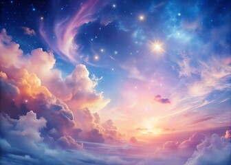 Fototapeta premium Dreamy nebula cloudscape with soft pink hues and wispy tendrils that evoke a sense of serene contemplation and relaxation set against a bright blue sky