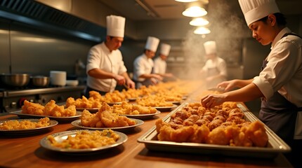 Fototapeta premium Chefs preparing delicious fried food in a commercial kitchen