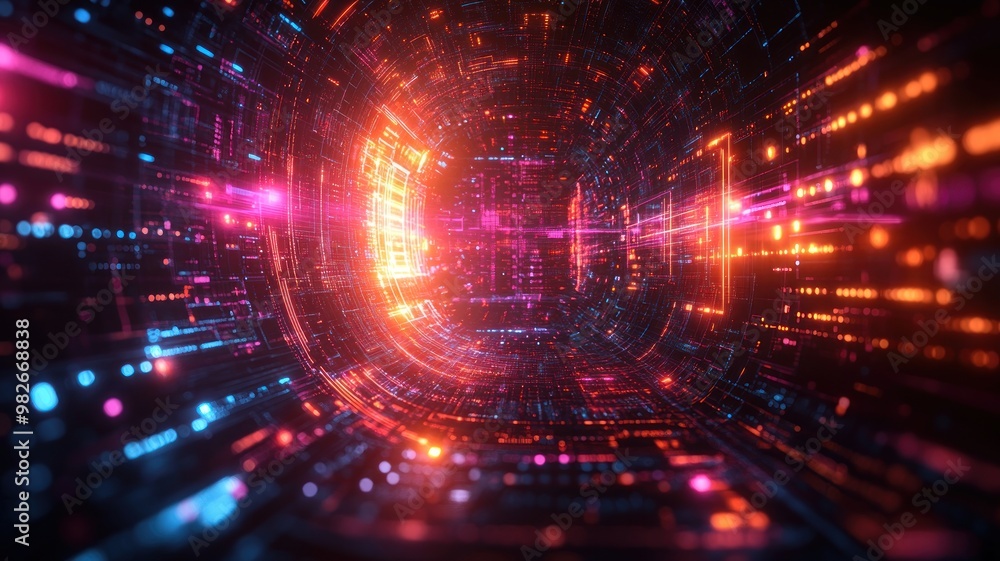 Poster abstract digital tunnel with vibrant lights and patterns.