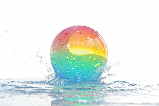 Close-up of a vibrant rainbow-colored soap bubble, floating against a white background.