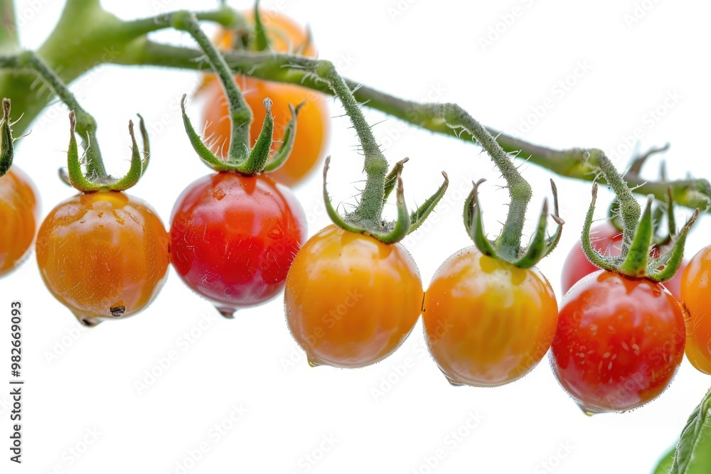 Poster a close-up shot of a cluster of tomatoes growing on a branch