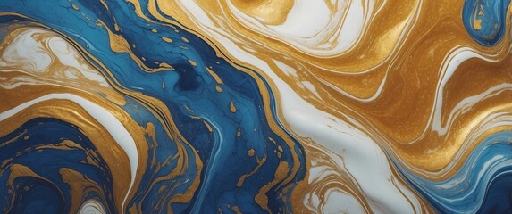 Abstract marbling background. Blue, golden, white. Liquid paint effect illustration. Luxury header design