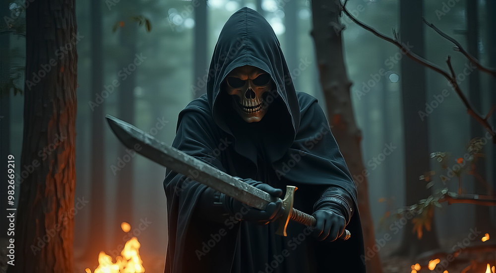 Wall mural a man in a black cloak holding a sword in a dark forest