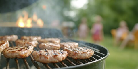 Close-Up of Grilled Meat on a Barbecue Grill, Showcasing Juicy Cuts Perfectly Cooked with Char Marks, Ideal for Summer Cookouts and Outdoor Gatherings