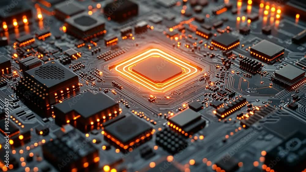 Poster close-up of a glowing computer processor on a circuit board in a dark setting