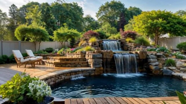 Video illustration of a beautifully landscaped backyard featuring a tiered waterfall cascading into a pool, a stone path leading to the waterfall, surrounded by lush greenery and colorful flowers.