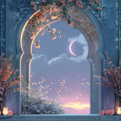 Ramadhan night with islamic arch,pastel floral and light of moon