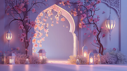 Ramadhan night with islamic arch,pastel floral and light of moon
