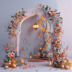 Ramadhan night with islamic arch,pastel floral and light of moon