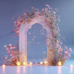 Ramadhan night with islamic arch,pastel floral and light of moon
