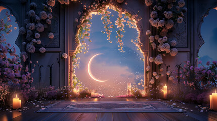 Ramadhan night with islamic arch,pastel floral and light of moon