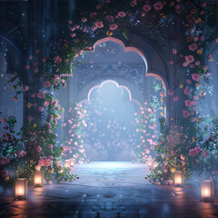 Ramadhan night with islamic arch,pastel floral and light of moon