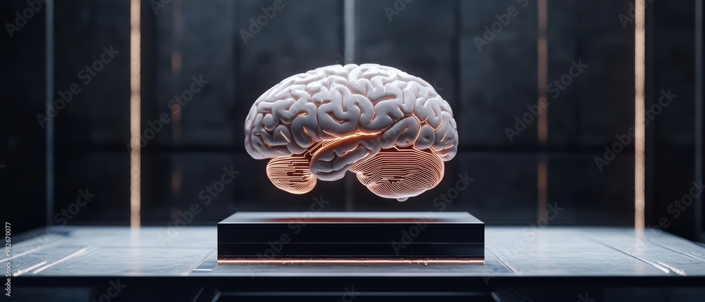 Poster a 3d rendering of a futuristic brain displayed in a modern environment, showcasing innovation and te