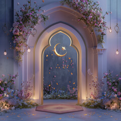 Ramadhan night with islamic arch,pastel floral and light of moon