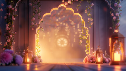 Ramadhan night with islamic arch,pastel floral and light of moon