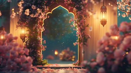 Ramadhan night with islamic arch,pastel floral and light of moon