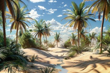 A serene desert scene featuring palm trees and a small stream of water