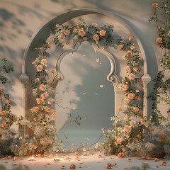 Ramadhan night with islamic arch,pastel floral and light of moon