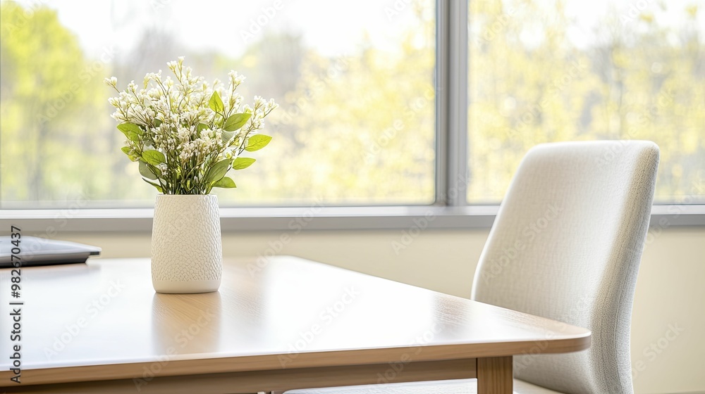 Poster Elegant Table Setting Featuring a Beautiful Vase of Fresh Flowers, Adding a Touch of Natural Beauty and Color to a Cozy Indoor Space