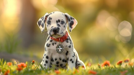 Minimalist background: Firefighter-inspired illustration of a pup in a camping setting, celebrating outdoor journeys and adventures.