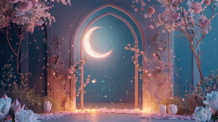 Ramadhan night with islamic arch,pastel floral and light of moon