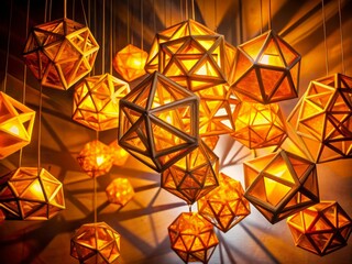 Fototapeta premium Vibrant orange and yellow polyhedrons suspended in mid-air, illuminated by a single light source, casting long, dramatic shadows, and showcasing intricate patterns and textures.