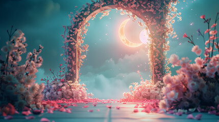 Ramadhan night with islamic arch,pastel floral and light of moon