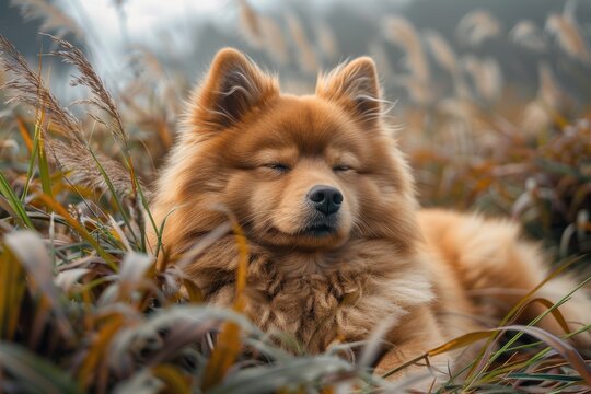 The image features a fluffy, brown dog peacefully resting with its eyes closed among tall grass, capturing an idyllic moment of relaxation and contentment in a natural setting