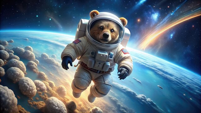 Bear astronaut floating in space wearing a futuristic space suit, bear, astronaut, space, floating, futuristic, space suit