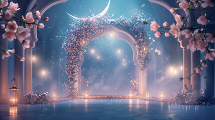 Ramadhan night with islamic arch,pastel floral and light of moon