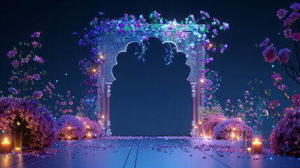 Ramadhan night with islamic arch,pastel floral and light of moon