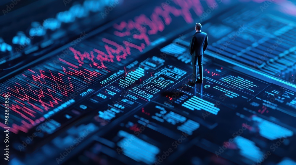 Aufkleber a businessman stands on a digital dashboard, analyzing stock trends and data in a futuristic financi