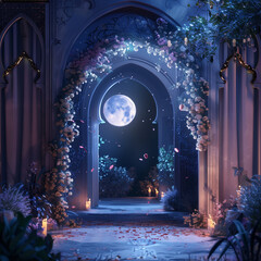 Ramadhan night with islamic arch,pastel floral and light of moon