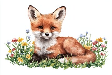 Obraz premium A charming fox rests among vibrant flowers, showcasing its playful nature and vivid colors in a serene natural setting.