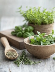Natural Herbs Displayed in Rustic Wooden Bowls: A Captivating Arrangement of Fresh Culinary Ingredients for Cooking and Herbal Remedies