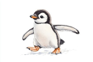 Fototapeta premium A charming illustration of a young penguin walking playfully on a white background, capturing the essence of these delightful birds.