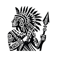 Fototapeta premium aztec warior male with folk art decoration in black and white illustrations, cutout graphic