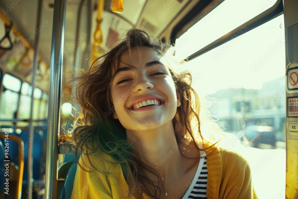 Aufkleber a person smiling while commuting on public transportation