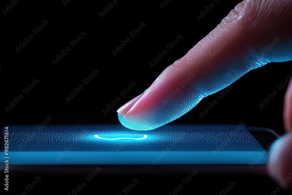 Poster a close-up of a finger touching a glowing fingerprint sensor on a dark background, symbolizing secur