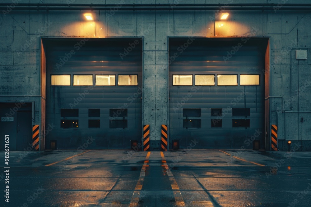 Poster a modern building with two large doors and some lights, suitable for architectural or commercial use