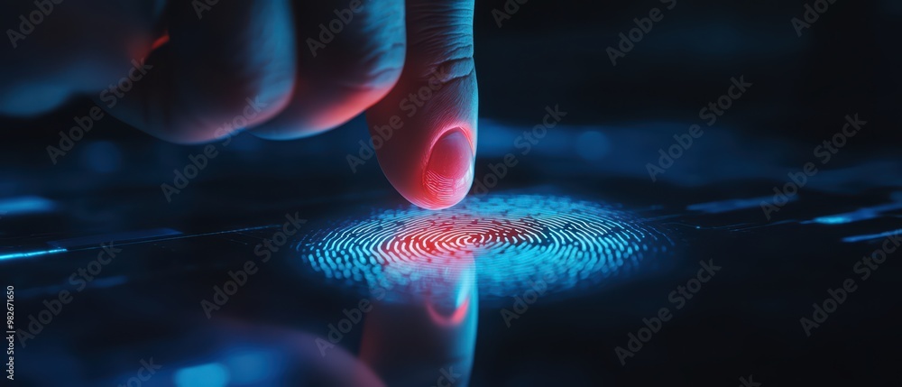 Poster a close-up of a finger touching a high-tech fingerprint scanner, illuminated with blue and red light