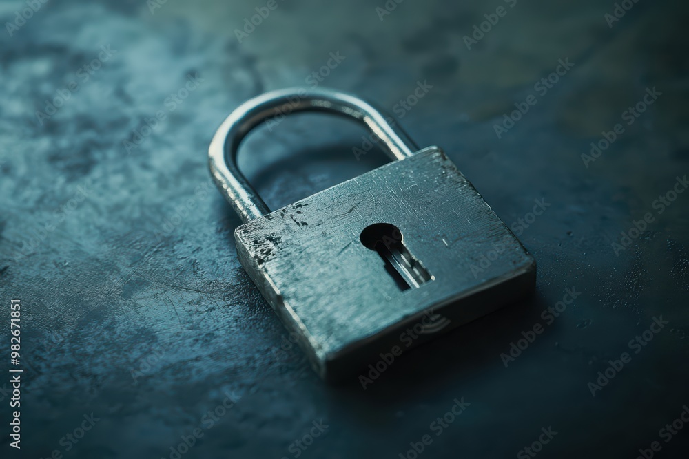 Poster a close-up of a rustic padlock resting on a textured surface, symbolizing security and protection in