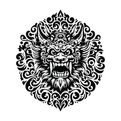 Fototapeta premium Barong with folk art decoration in black and white illustrations, cutout graphic