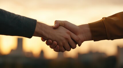 A close-up of two hands shaking against a sunset backdrop, symbolizing partnership and agreement in a warm, welcoming atmosphere.