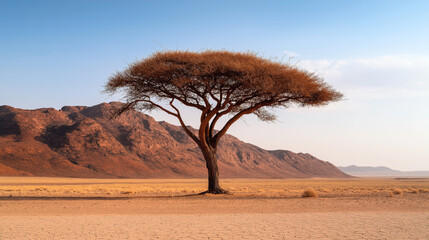 Fototapeta premium Lone acacia tree in a vast desert landscape with dry, cracked earth, distant rocky mountains, and clear blue sky.