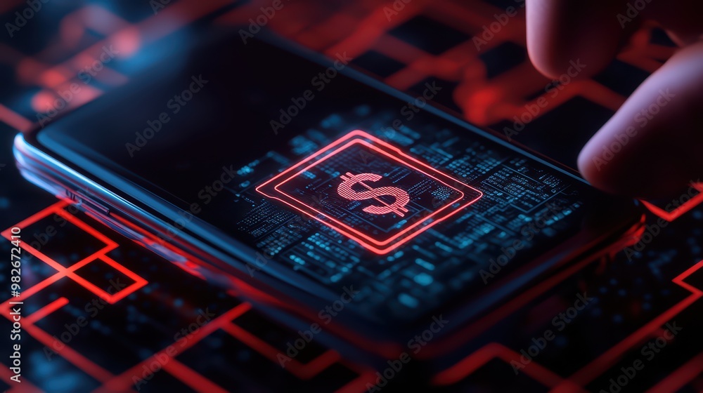 Poster a close-up view of a smartphone displaying a dollar symbol, symbolizing digital finance and electron