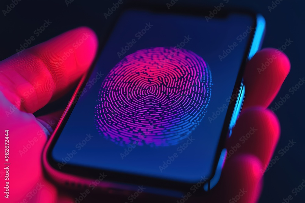 Poster a close-up view of a smartphone displaying a vibrant fingerprint scanner in neon colors, symbolizing