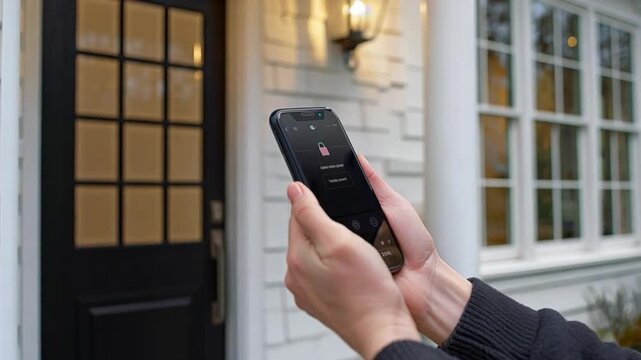 A user stands outside a contemporary house, holding a smartphone to unlock a smart door lock. The warm glow from the porch light adds to the cozy atmosphere.